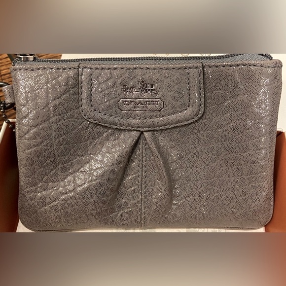 Coach Handbags - RARE Coach Madison Embossed Gunmetal Metallic Leather Wristlet Shimmer Top Zip